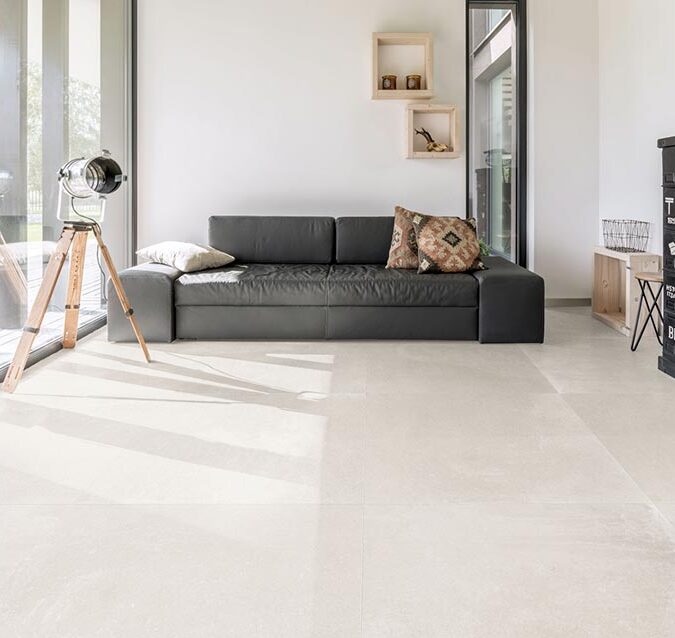 Modern living room with porcelain tile flooring